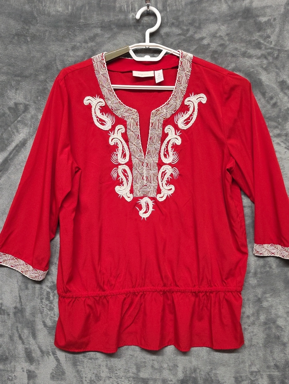 Chico's Red Embroidered Peasant Blouse